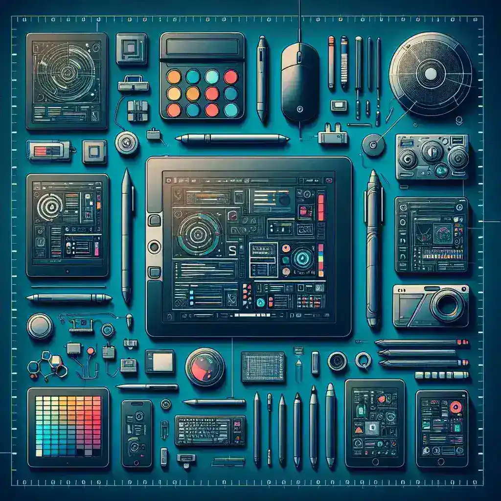 "Infographic showcasing essential digital tools for content designers, highlighting software applications and platforms that enhance modern creative workflows."